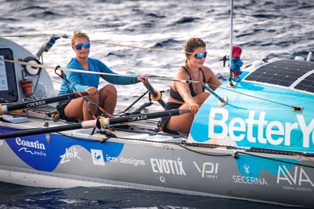Jess Rowe and Miriam Payne as the row Velocity towards the Great Barrier Reef.