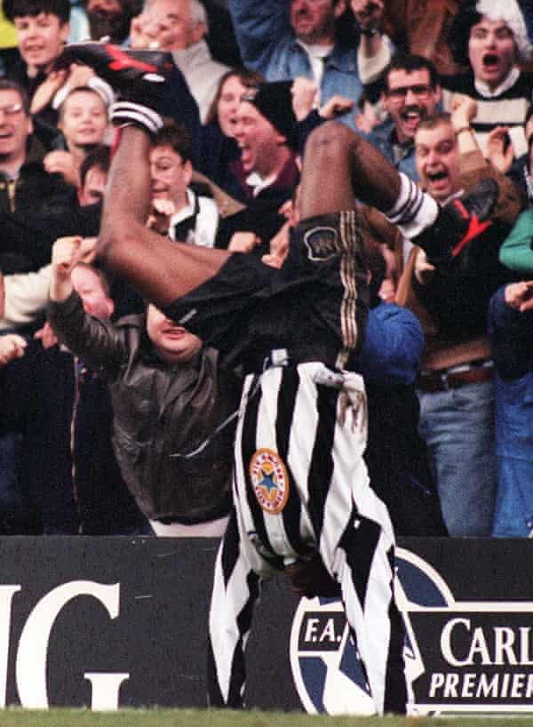 Asprilla celebrates after scoring for Newcastle in their 3-3 draw against Manchester City in February 1996.