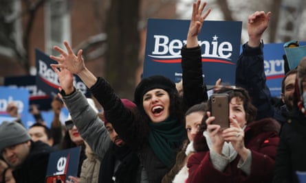 People wait to hear presidential candidate Bernie Sanders at a rally at Brooklyn College on 2 March.
