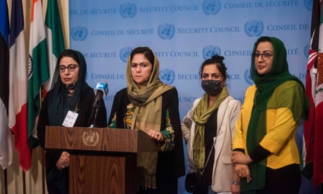 Afghan women from the 'group of six' speaking at the UN headquarters in October 2021, from left to right: Asila Wardak, Fawzia Koofi, Anisa Shaheed and Naheed Farid