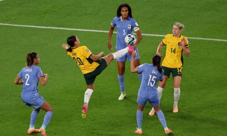 Australia’s Sam Kerr in action with France’s Kenza Dali and Wendie Renard (top) as last year’s Women’s World Cup quarter-final