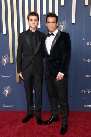 Lead actor in a limited series nominee Colin Farrell stuck true to his role in the Penguin, while his son Henry opted for an all-black look