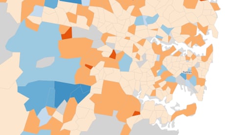 A map of Sydney showing areas in the west getting younger and inner city areas growing older