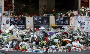Flowers near the offices of Charlie Hebdo in January 2015