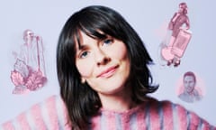 Head shot of writer Harriet Gibsone wearing pink striped jumper, and with illustrations of Alex Turner, Alexa Chung and Chris Martin around her