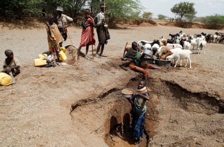A woman stands in a hole holding a bowl of water, while above her a herd of goats drinks and a small group of people stand waiting with water containers.