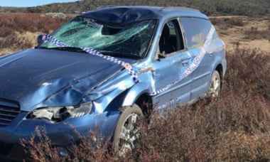 A car that was involved with a collision with a feral horse on the Snowy Mountains highway