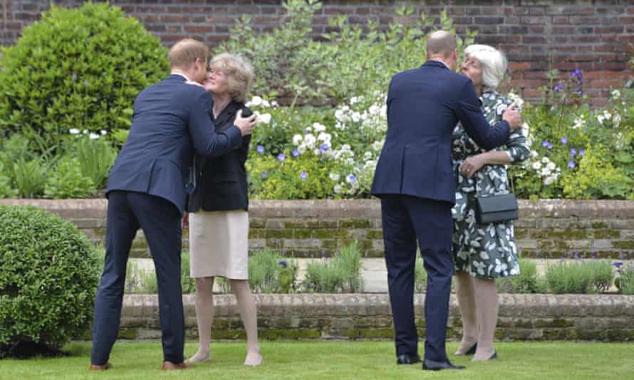 Prince Harry, left, and Prince William greet their aunts, Sarah McCorquodale, left, and Jane Fellowes, right
