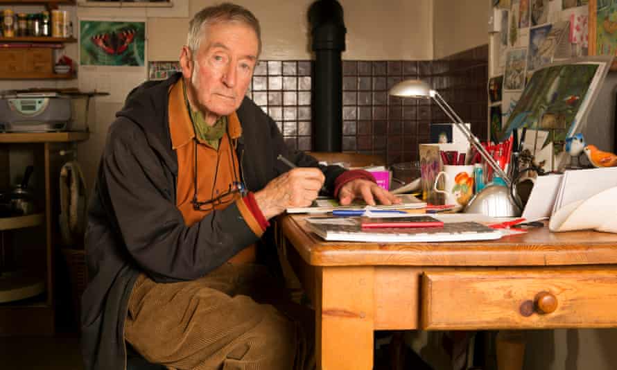 Snowman creator Raymond Briggs working at his kitchen table.