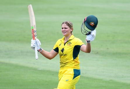 Georgia Voll celebrates a century during an ODI match between agaist India in Brisbane in December 2024