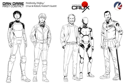 Line drawings of Peabody, Digby, Crux & Robot, and Hubert Guest.