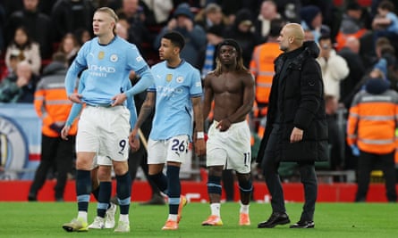 Manchester City’s Erling Haaland, Savinho, Jérémy Doku and manager Pep Guardiola absorb a comprehensive defeat at Anfield.