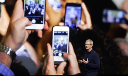 Tim Cook announcing the new iPhone 7 in 2016.