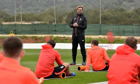Jürgen Klopp addresses his players during what he describes as a ‘pre-season training’ camp in La Manga.