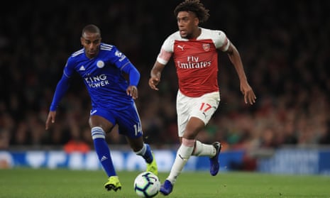 Alex Iwobi on the attack during Arsenal’s 3-1 Premier League victory over Leicester on Monday.