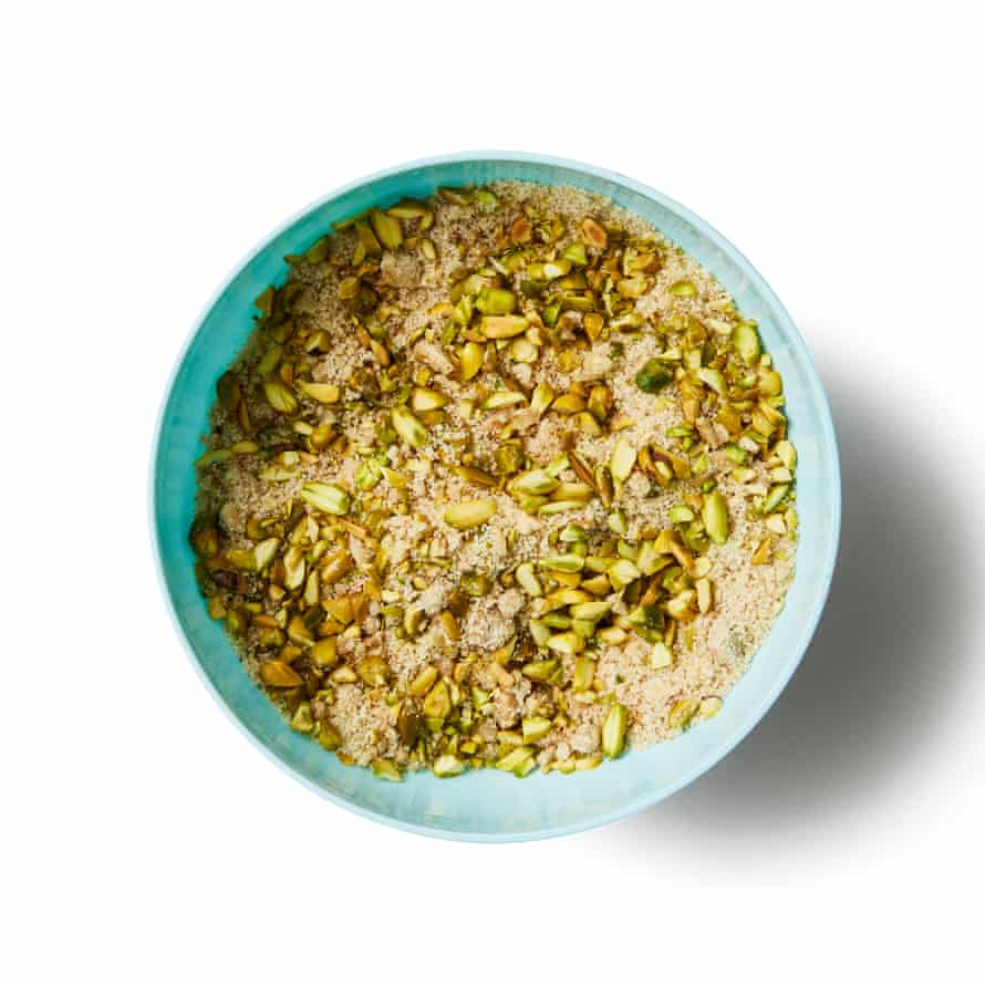 Felicity Cloake’s Baklava 04a Combine the walnuts, pistachios and ground almonds in a bowl, then mix in the orange zest (scrub the orange well before grating the zest), salt (optional, but recommended, or the baklava may end up overwhelmingly sweet), ground cardamom (if you’re not a cardamom fan, leave it out and substitute cinnamon to taste) and five tablespoons (75ml) of the melted butter.