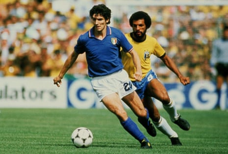 Paolo Rossi competes for the ball with Júnior of Brazil during the 1982 World Cup. Rossi scored a brilliant hat-trick to beat the favourites and put Italy through to ultimately win the tournament.