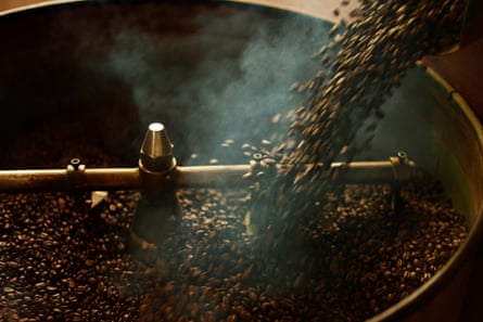 Coffee beans are poured into a cooling tray after roasting