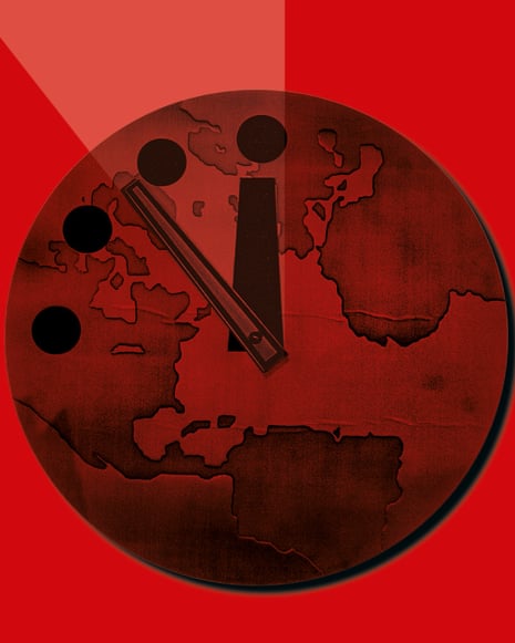 Doomsday clock showing time close to midnight on red background