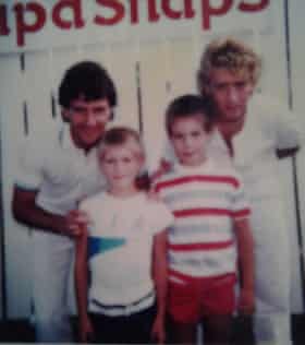 Mark and his brother with West Ham legends Ray Stewart (left) and Frank McAvennie (right)