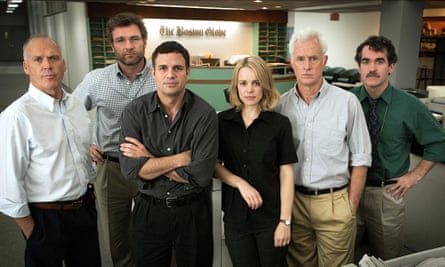 Michael Keaton, Liev Schreiber, Mark Ruffalo, Rachel McAdams, John Slattery and Brian D’Arcy in the film Spotlight, which deals with the Catholic church child abuse scandal in Boston that cost Bernard Law his job as archbishop.