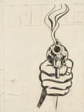 A pencil drawing of a hand holding a smoking gun pointed directly at the viewer