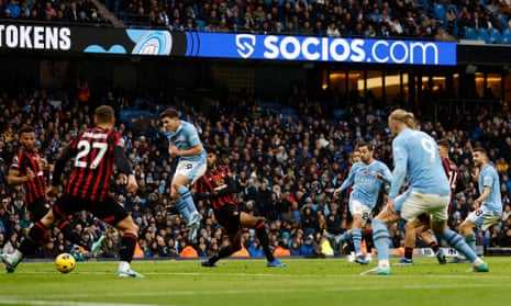 Manchester City's Bernardo Silva scores their second goal against Bournemouth.