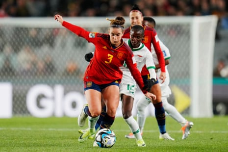 Spain's Teresa Abelleira runs with the ball away from Zambia's Evarine Katongo during the Women's World Cup group game between Spain and Zambia at Eden Park in Auckland.