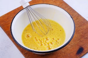 Add salt to beaten eggs and ‘let them sit for 10 to 15 minutes for a softer scrambled egg’.