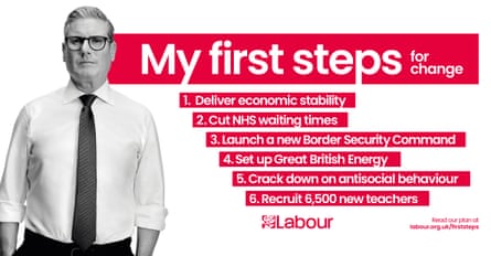 A graphic of Keir Starmer next to a list of his ‘first steps for change’.