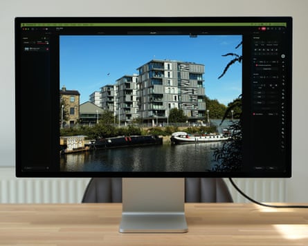 A photo of Regent’s Canal being worked on in Pixelmator Pro on an Apple Studio Display XDR.