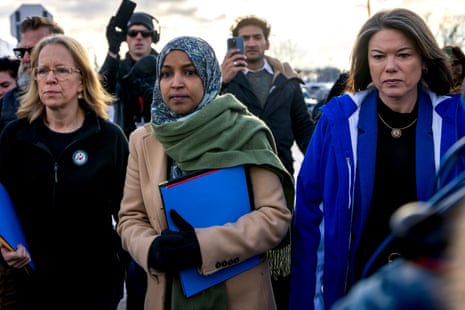 (L-R) Representative Kelly Morrison, a Democrat from Minnesota, Ilhan Omar and Angie Craig arrive outside of the regional ICE headquarters at the Bishop Henry Whipple Federal Building in Minneapolis, 10 January 2026