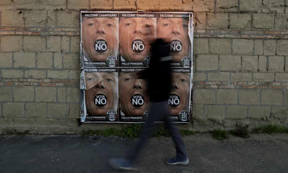 Posters of Italian prime minister Matteo Renzi, as the country approaches a constitutional referendum. Renzi’s government has routinely been targeted with false online propaganda. 