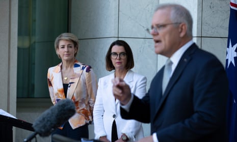 Australian prime minister Scott Morrison at a press conference with senators Michaelia Cash and Anne Ruston