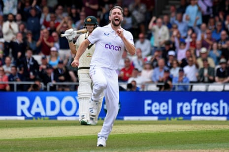 England’s Chris Woakes celebrates the dismissal of Australia’s Marnus Labuschagne during the first day of the third Ashes Test between England and Australia at Headingley.