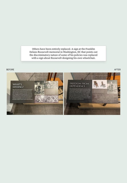 A before and after of a sign at the Franklin Delano Roosevelt memorial in Washington, DC – it pointed out the discriminatory nature of some of his policies, and it was replaced with text about Roosevelt designing his own wheelchair. Guardian Design