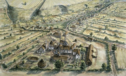 An illustration of the medieval village of Wharram Percy in north Yorkshire, where human bones were excavated.