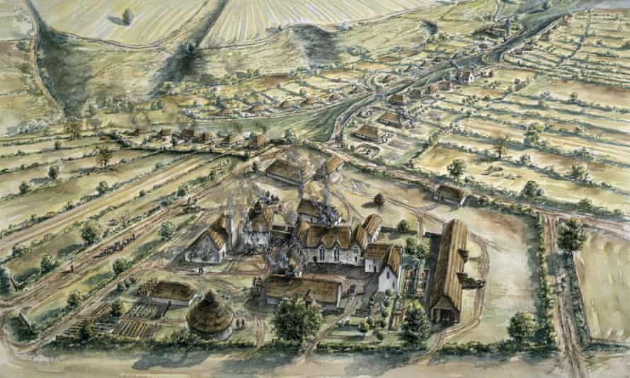 An illustration of the medieval village of Wharram Percy in north Yorkshire, where human bones were excavated.