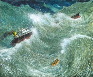 Chester Arnold, Scenes From An Age Of Heavy Seas. Chester Arnold's daunting seascapes forewarn disaster close to home. In each ornately framed oil painting, rowboats and ships struggle helplessly in raging waters off the coast of Northern California. As rising global temperatures cause extreme weather events, and increasingly powerful ocean waves destroy homes and force migration, Arnold's work imparts a sense of things to come.