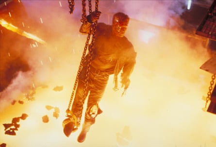 Arnold Schwarzenegger finds a hot spot in Terminator 2: Judgment Day, 1991.