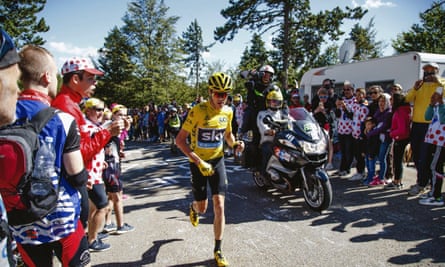 Chris Froome runs up the Mont Ventoux in the 2016 Tour de France.