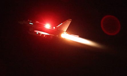 An RAF Typhoon aircraft takes off from the Akrotiri airbase in Cyprus to conduct a mission in Yemen on Friday