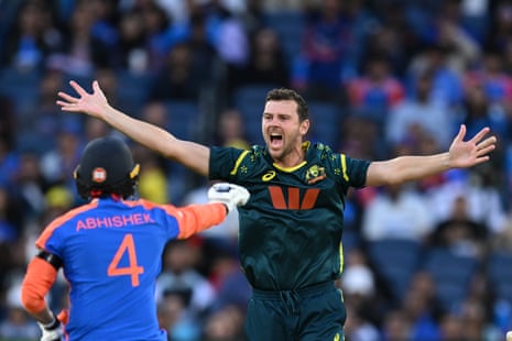 Josh Hazlewood appeals unsuccessfully for the wicket of Shubman Gill from the first ball of the game.