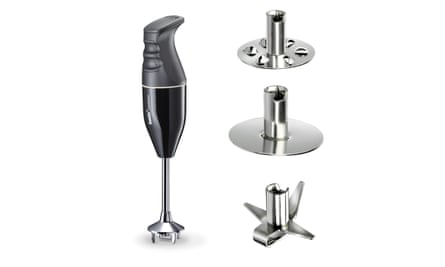 A black and chrome Bamix Classic hand blender