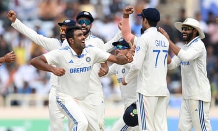 Ravichandran Ashwin of India celebrates after dismissing Joe Root.