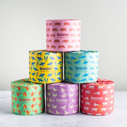 Five rolls (stacked) of Bazoo sustainable toilet paper.