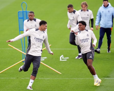 Real Madrid’s Jude Bellingham (left) and Endrick share a laugh during a Real Madrid training session