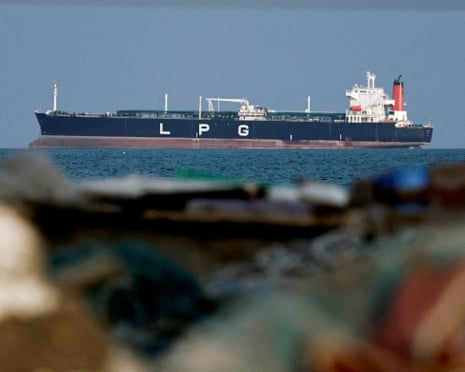 An LPG gas tanker at anchor in Shinas, Oman, as traffic is down in the Strait of Hormuz