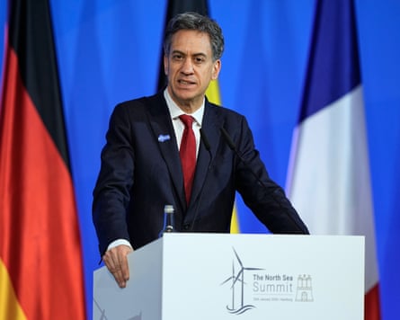 Ed Miliband speaks from a podium that says ‘The North Sea summit’