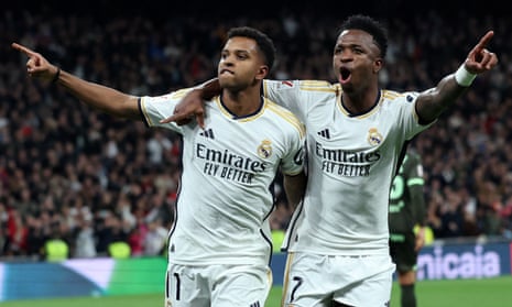Real Madrid’s Rodrygo celebrates scoring their fourth goal with Vinicius Junior.